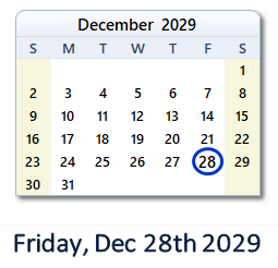 December 28, 2029 calendar