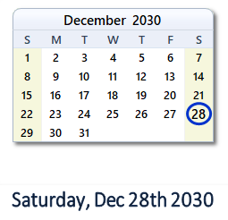 December 28, 2030 calendar