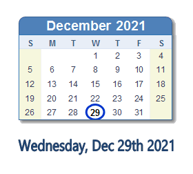 December 29, 2021 calendar