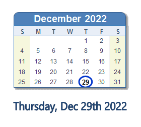 29 December 2022 calendar