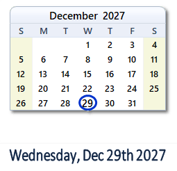 December 29, 2027 calendar