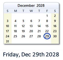December 29, 2028 calendar