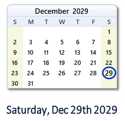 December 29, 2029 calendar