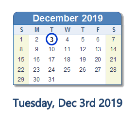 December 3, 2019 calendar