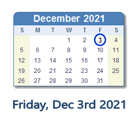 December 3, 2021 calendar