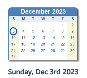 December 3, 2023 calendar