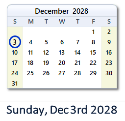 December 3, 2028 calendar