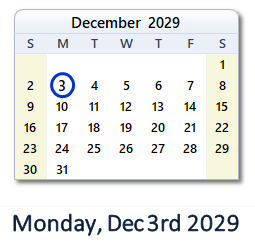 December 3, 2029 calendar