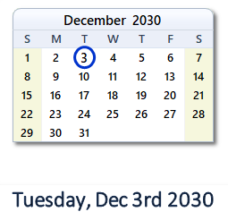 December 3, 2030 calendar