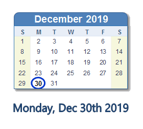 December 30, 2019 calendar