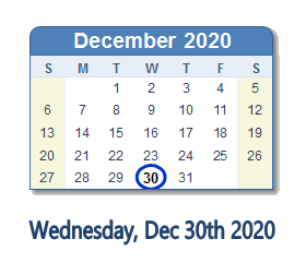 December 30, 2020 calendar