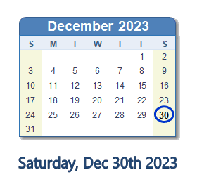 30 December 2023 calendar