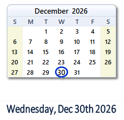 December 30, 2026 calendar