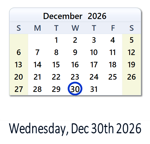 December 30, 2026 Calendar with Holidays & Count Down - USA