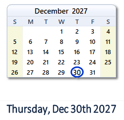 December 30, 2027 calendar