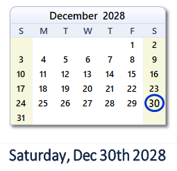 December 30, 2028 calendar