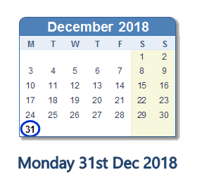 December 31 2018 Calendar with Holiday info and Count Down IND