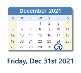 31 December 2021 calendar