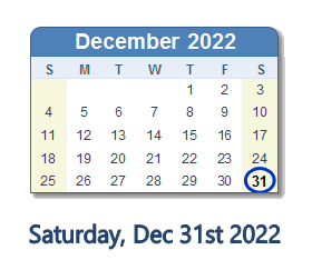 31 December 2022 calendar