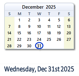 December 31, 2025 calendar