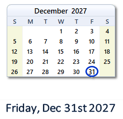 31 December 2027 calendar