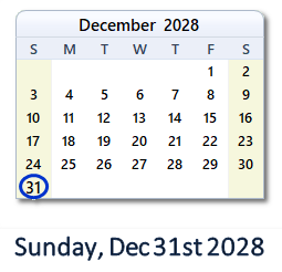 December 31, 2028 calendar
