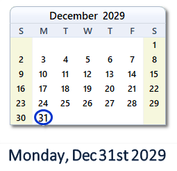 December 31, 2029 calendar