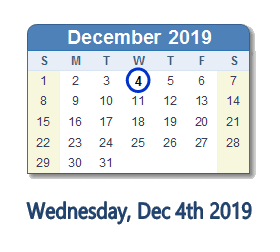 December 4, 2019 calendar