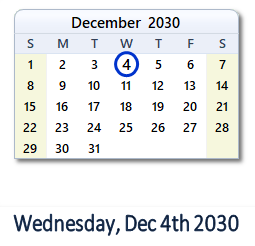 December 4, 2030 calendar