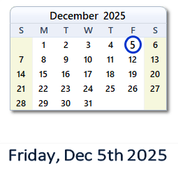 December 5, 2025 Calendar with Holidays & Count Down - USA