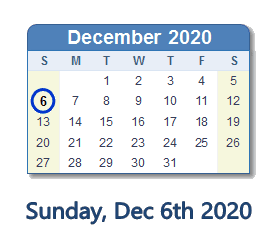 December 6, 2020 calendar