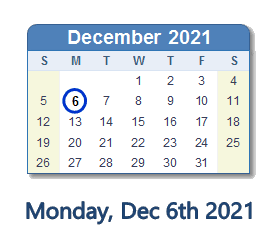 December 6, 2021 calendar