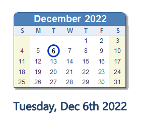 December 6, 2022 calendar
