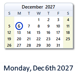 6 December 2027 calendar