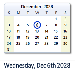 December 6, 2028 calendar