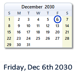 December 6, 2030 calendar