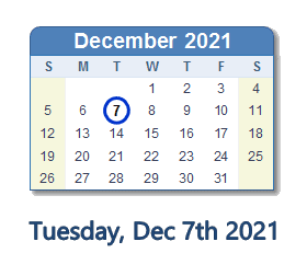 December 7, 2021 calendar
