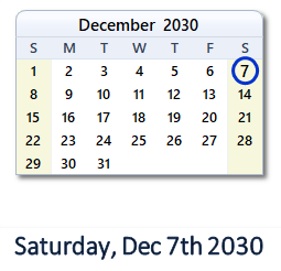 December 7, 2030 calendar