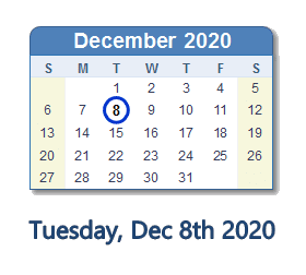 December 8, 2020 calendar