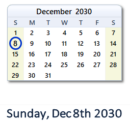 December 8, 2030 calendar