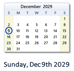 December 9, 2029 calendar