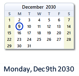 December 9, 2030 calendar