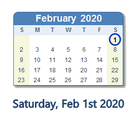 February 1, 2020 calendar