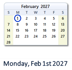 1 February 2027 calendar