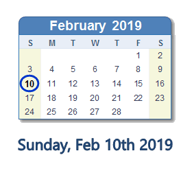 February 10, 2019 calendar