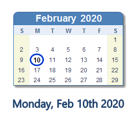 February 10, 2020 calendar