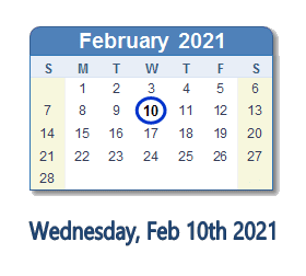 February 10, 2021 calendar