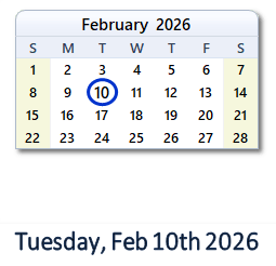 10 February 2026 calendar