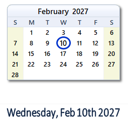 February 10, 2027 calendar