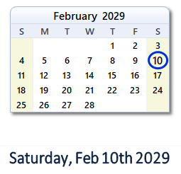 10 February 2029 calendar